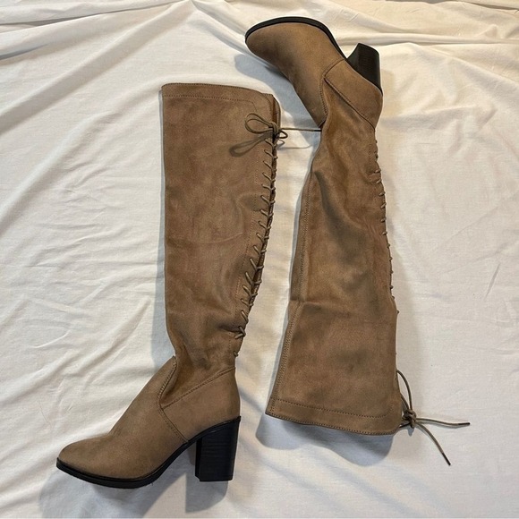 NEW! TOP MODA ZOLA 22-inch Over-the-Knee Lace Up Taupe Faux Suede Boots, 6.5 - Picture 8 of 9